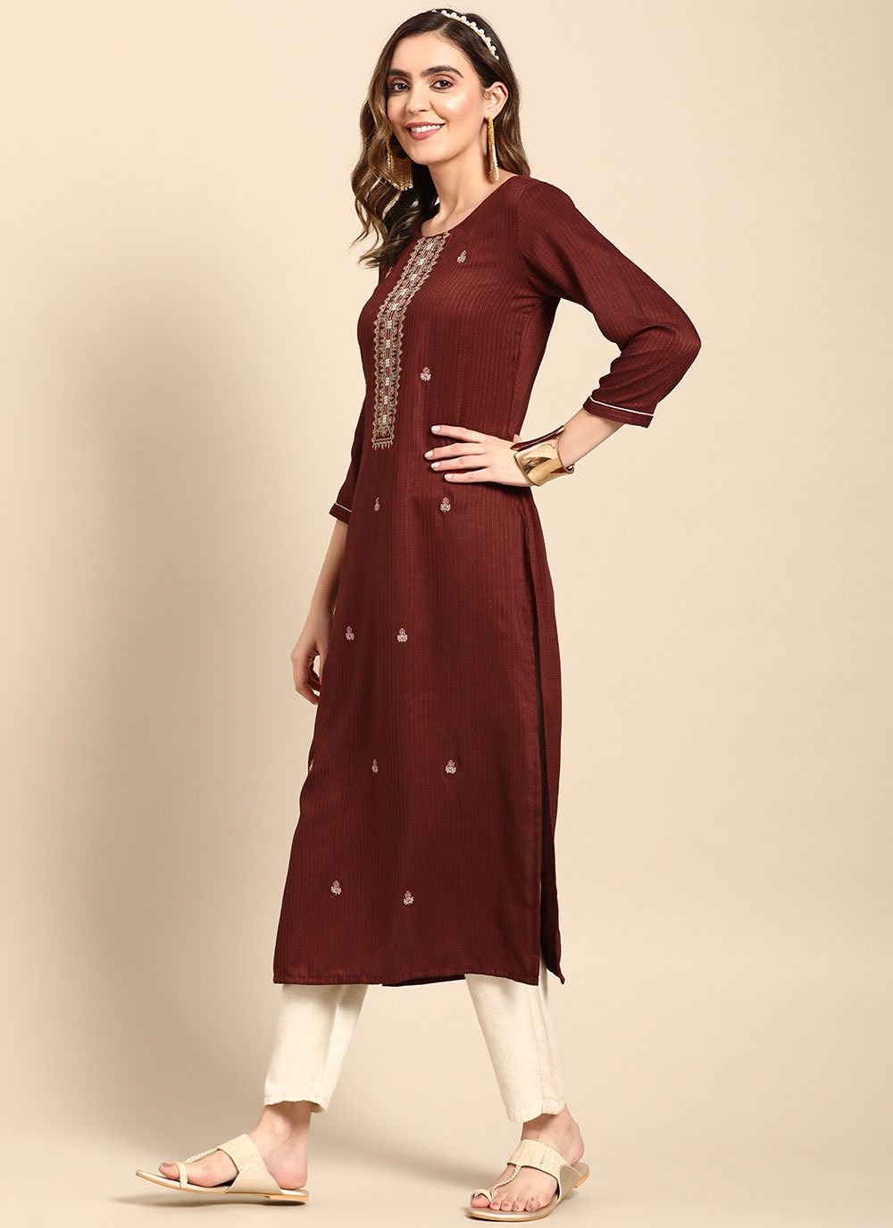 Casual Kurti Poly Rayon Brown Embroidered Kurtis