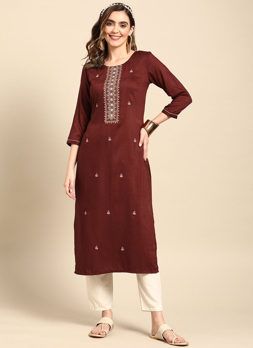 Casual Kurti Poly Rayon Brown Embroidered Kurtis