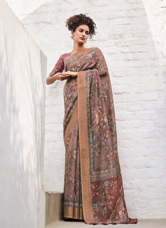 Classic Linen Brown Digital Print Saree