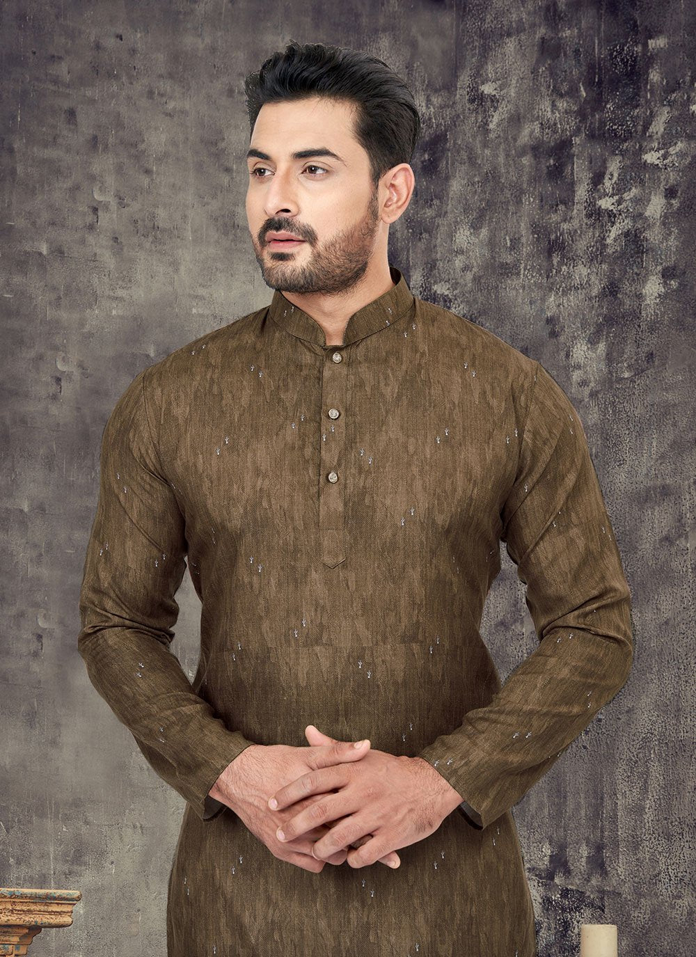 Kurta Pyjama Cotton Brown Digital Print Mens