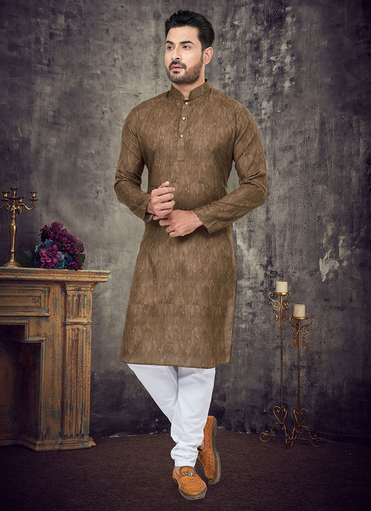 Kurta Pyjama Cotton Brown Digital Print Mens