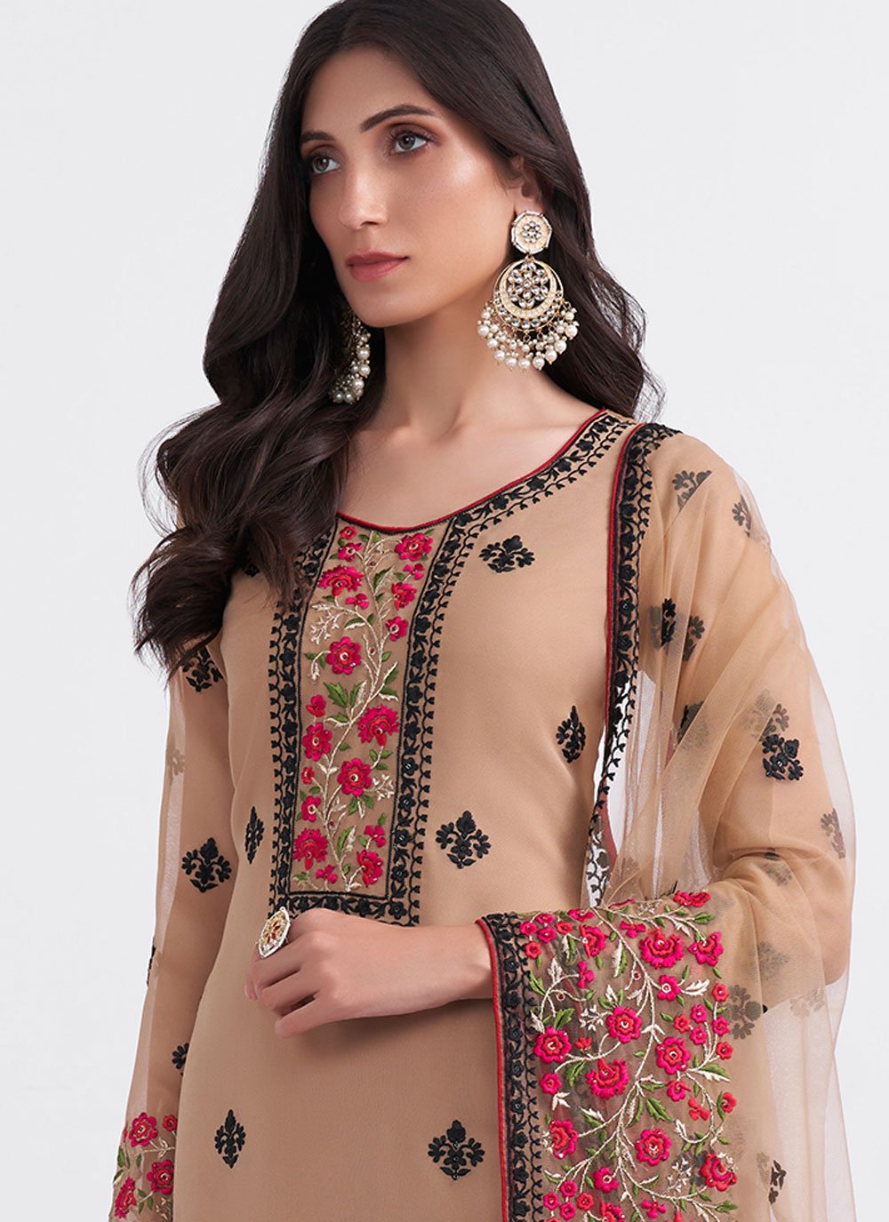 Salwar Suit Georgette Brown Embroidered Salwar Kameez