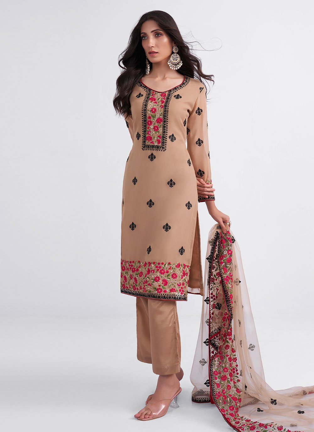 Salwar Suit Georgette Brown Embroidered Salwar Kameez