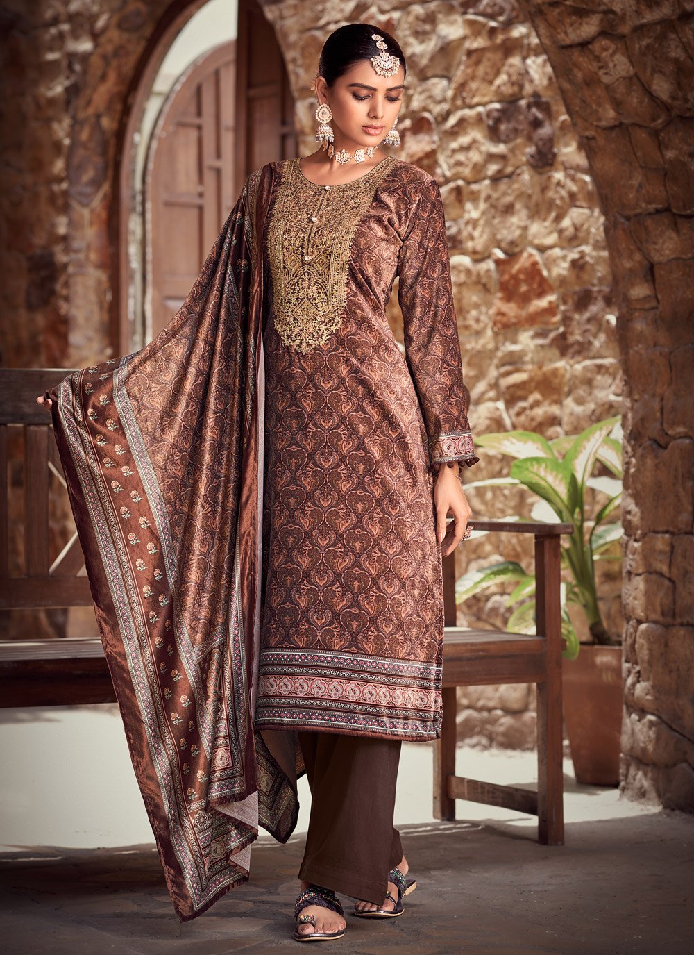 Pant Style Suit Velvet Brown Digital Print Salwar Kameez