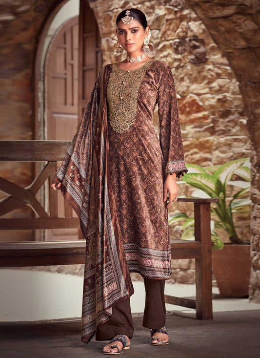 Pant Style Suit Velvet Brown Digital Print Salwar Kameez