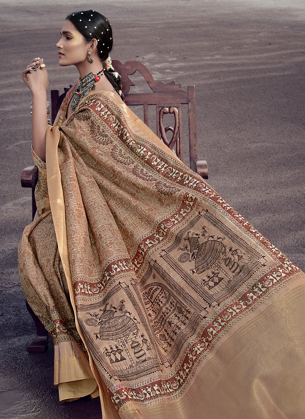 Trendy Saree Silk Brown Digital Print Saree