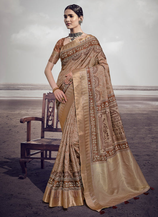 Trendy Saree Silk Brown Digital Print Saree