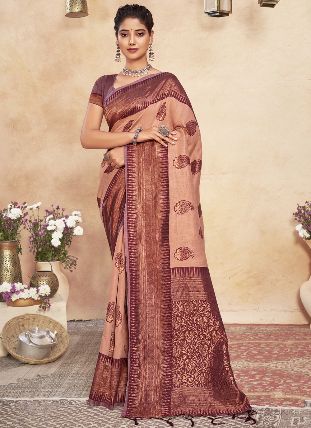 Designer Cotton Brown Foil Print Saree