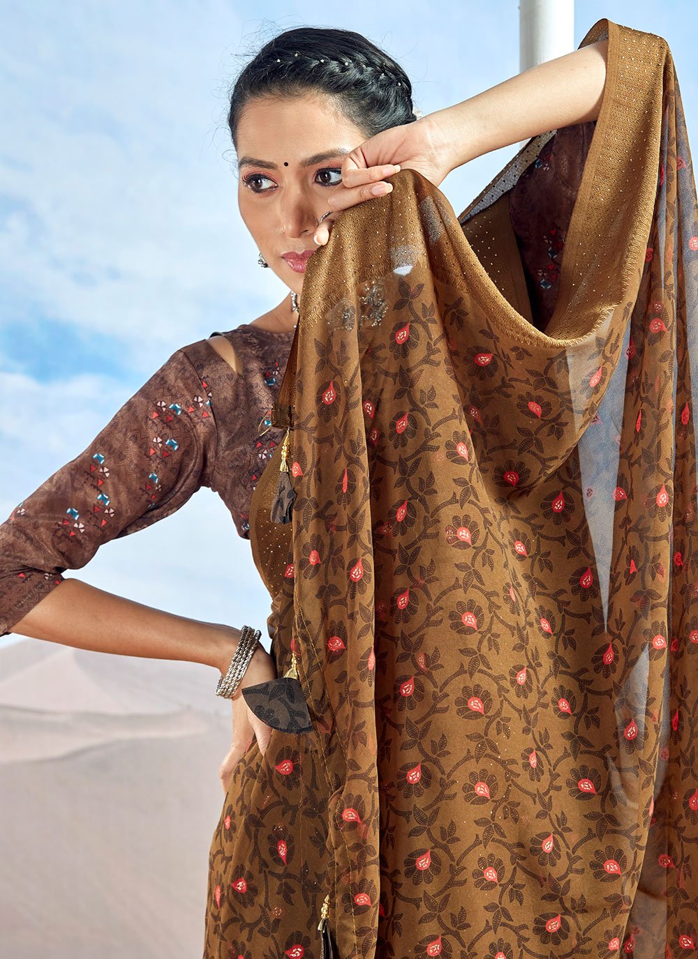 Classic Foil Georgette Brown Patch Border Saree