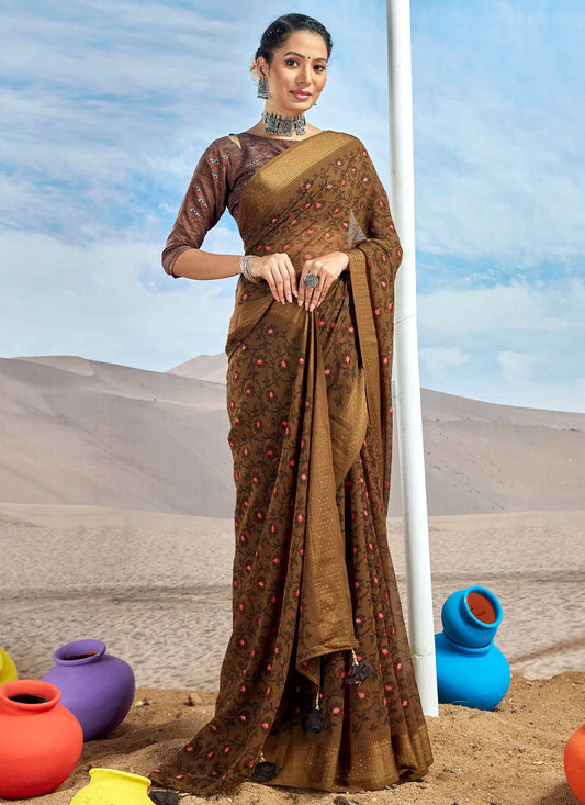 Classic Foil Georgette Brown Patch Border Saree