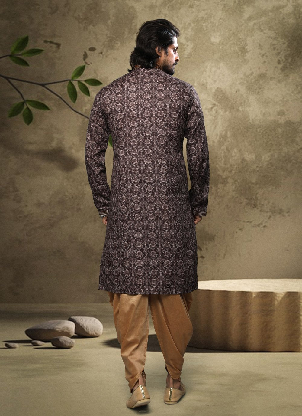 Dhoti Kurta Handloom Cotton Brown Digital Print Mens