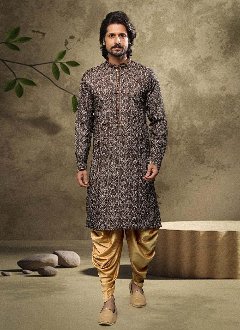 Dhoti Kurta Handloom Cotton Brown Digital Print Mens