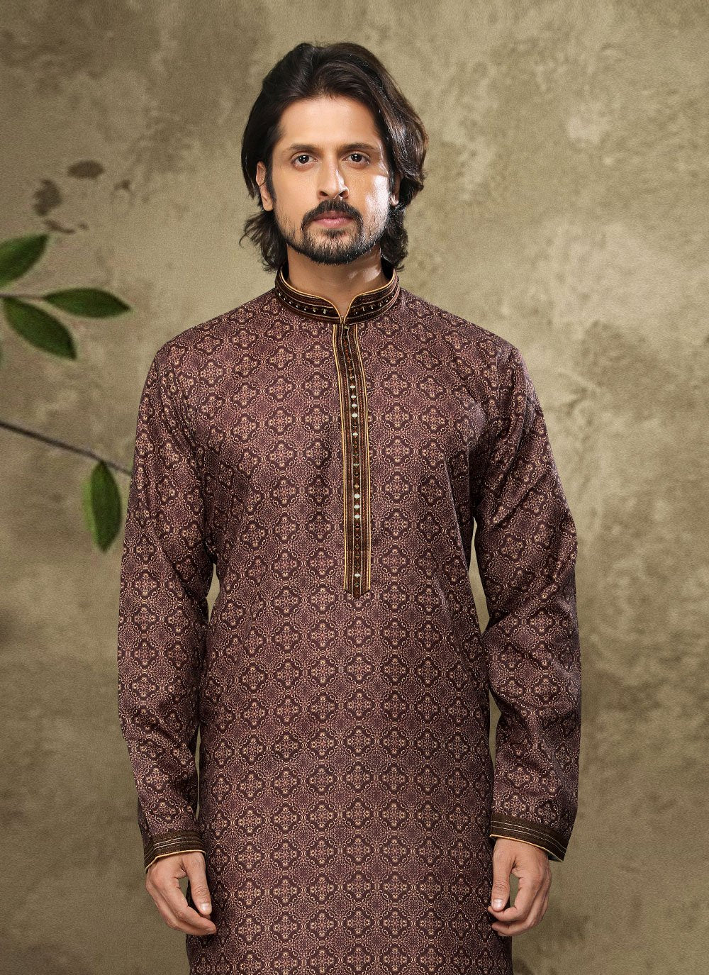 Kurta Pyjama Handloom Cotton Brown Digital Print Mens