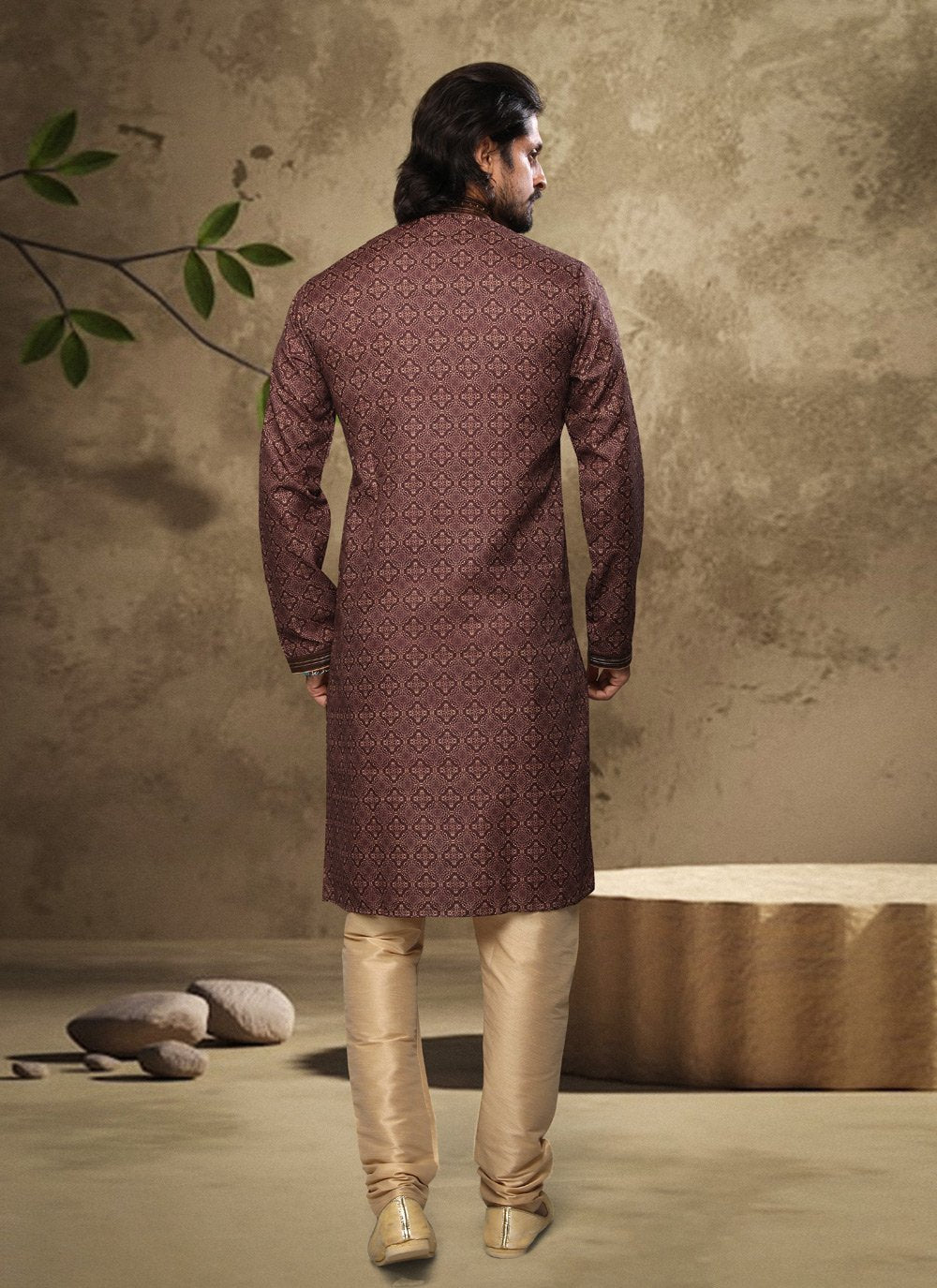 Kurta Pyjama Handloom Cotton Brown Digital Print Mens