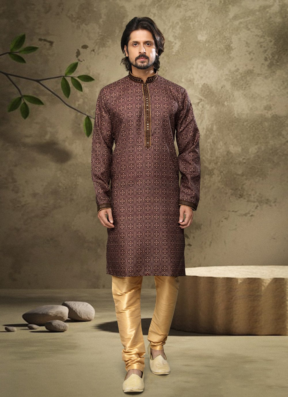 Kurta Pyjama Handloom Cotton Brown Digital Print Mens