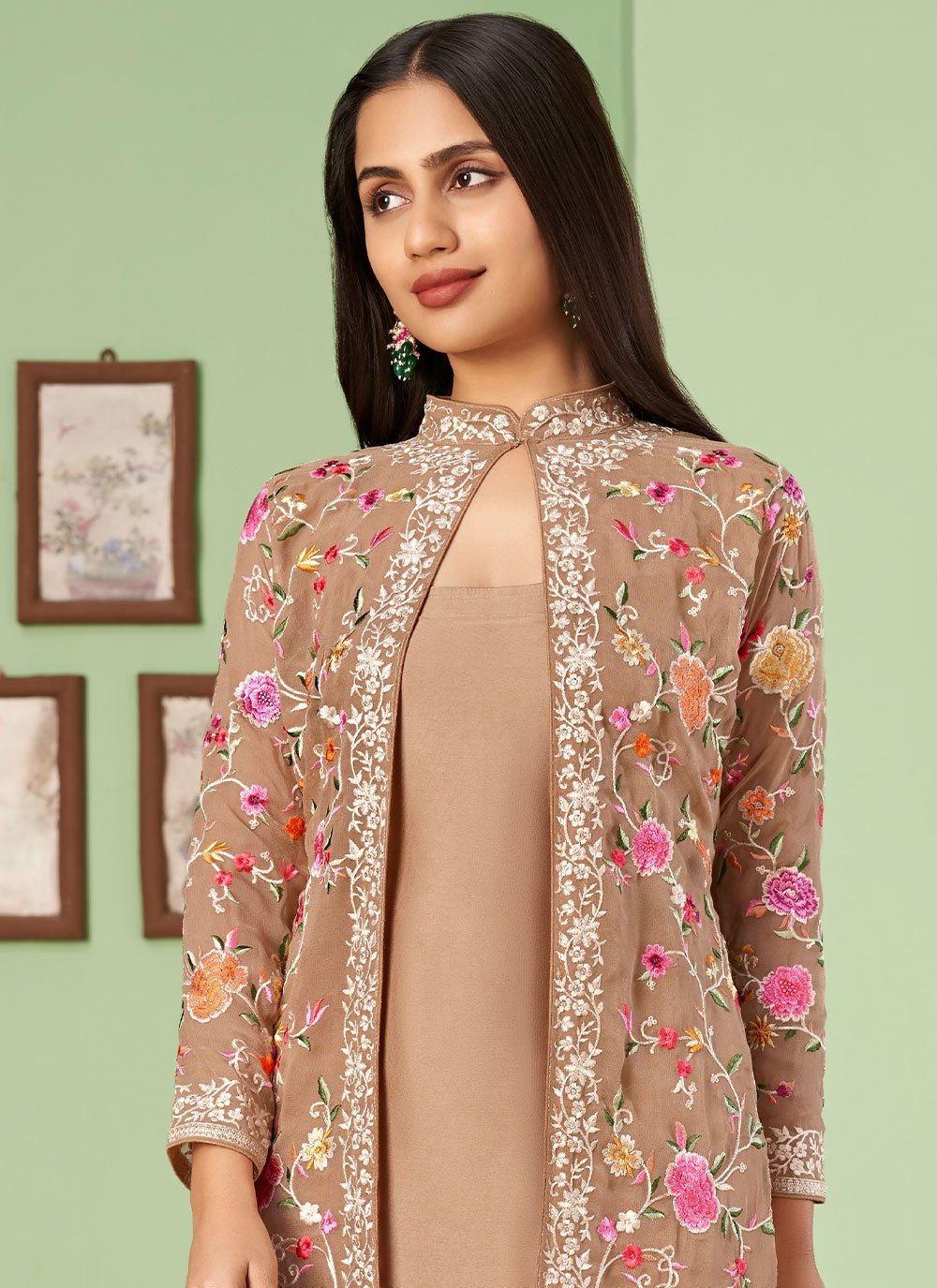 Jacket Style Suit Georgette Brown Embroidered Salwar Kameez