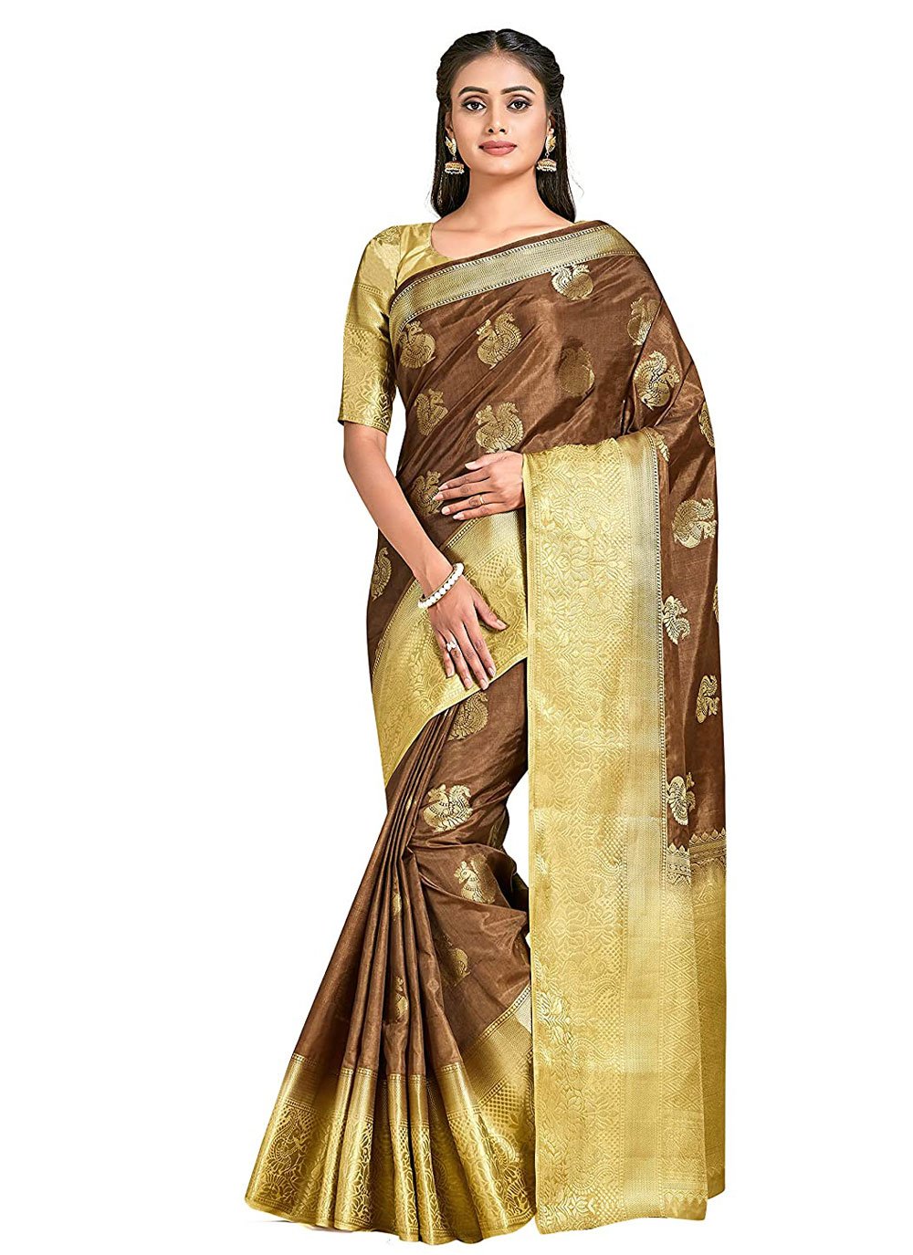 Contemporary Kanjivaram Silk Brown Zari Saree