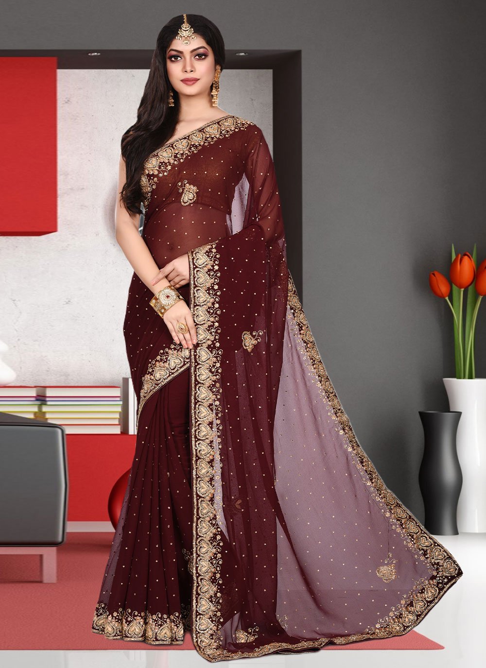 Trendy Saree Kanjivaram Silk Brown Hand Work Saree