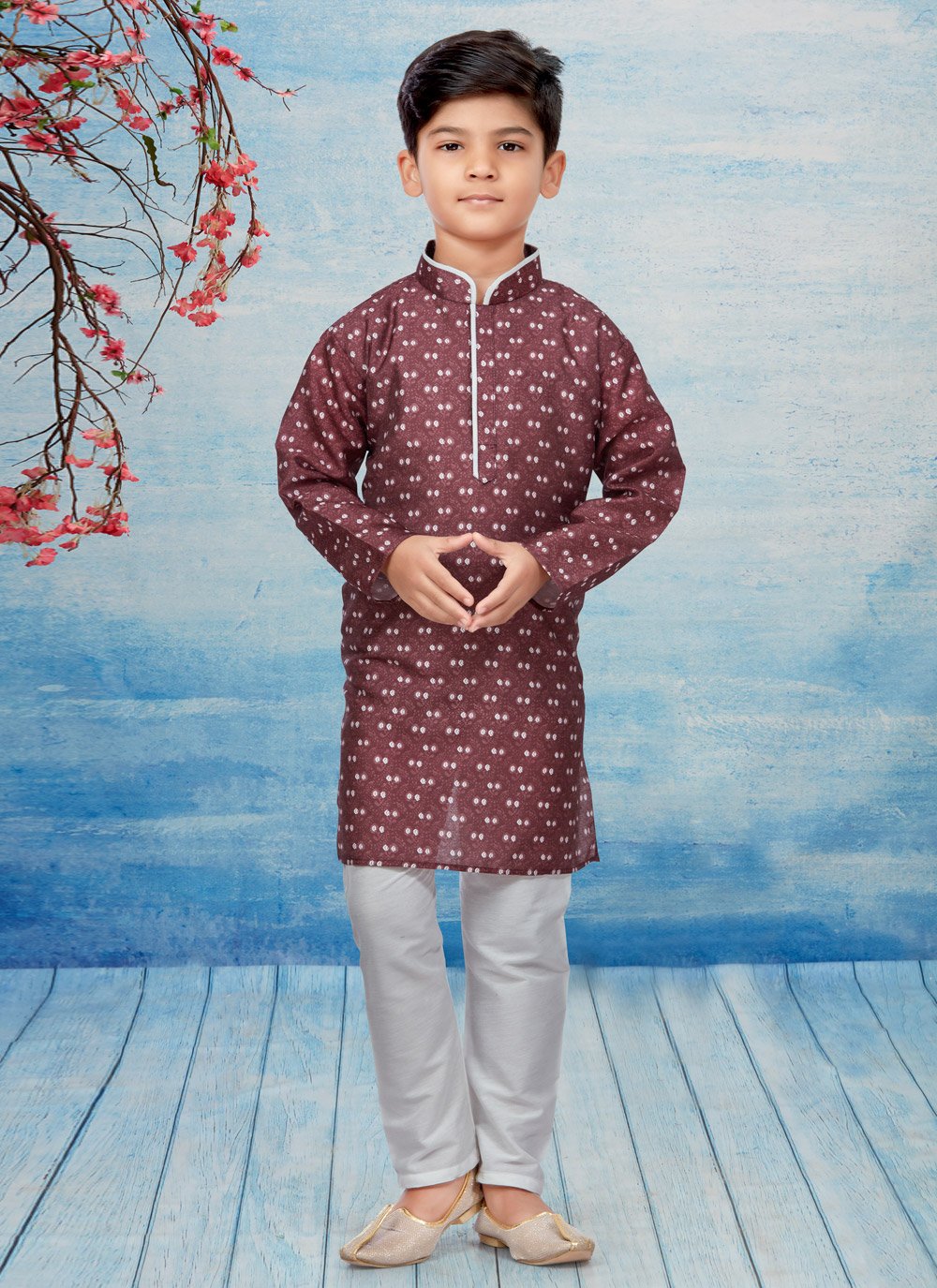 Kurta Pyjama Dupion Silk Brown Print Kids