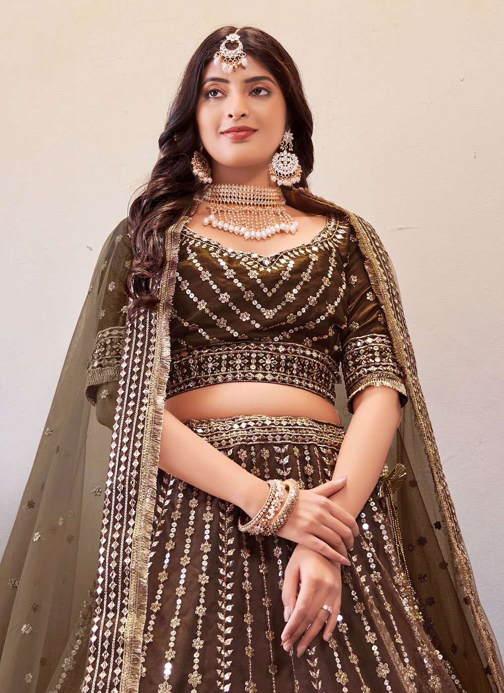 Lehenga Choli Net Brown Embroidered Lehenga Choli