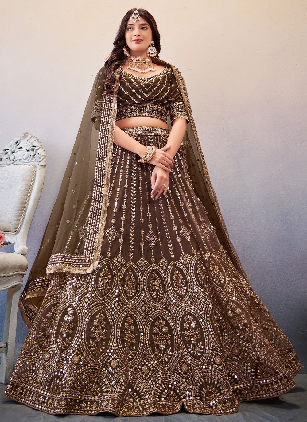 Lehenga Choli Net Brown Embroidered Lehenga Choli