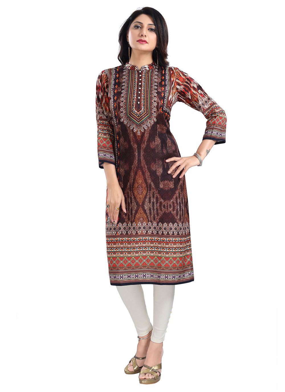 Designer Kurti Muslin Brown Digital Print Kurtis