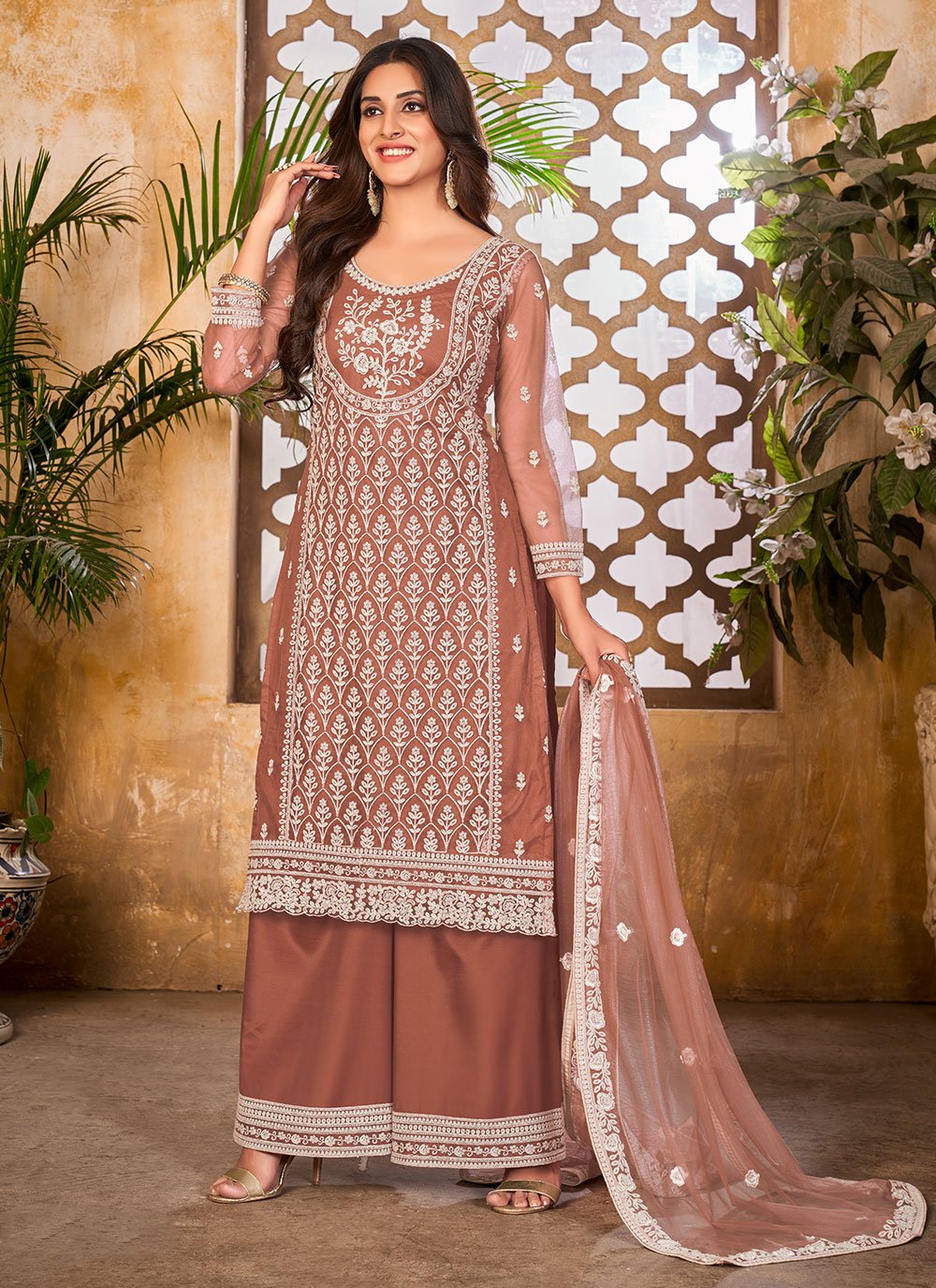 Salwar Suit Net Brown Embroidered Salwar Kameez