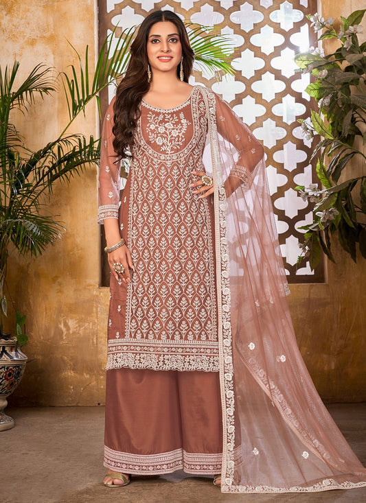 Salwar Suit Net Brown Embroidered Salwar Kameez