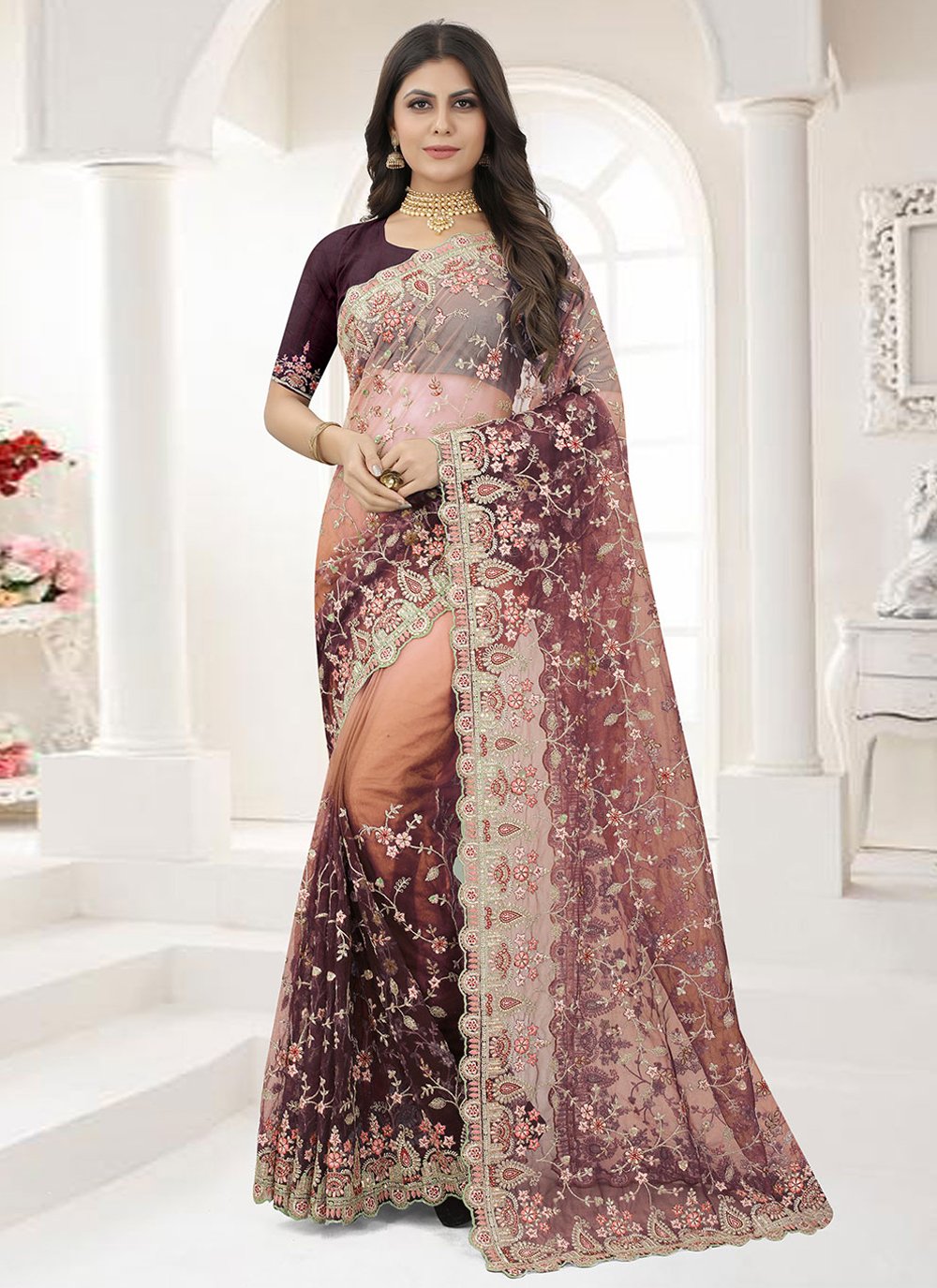 Designer Net Brown Embroidered Saree