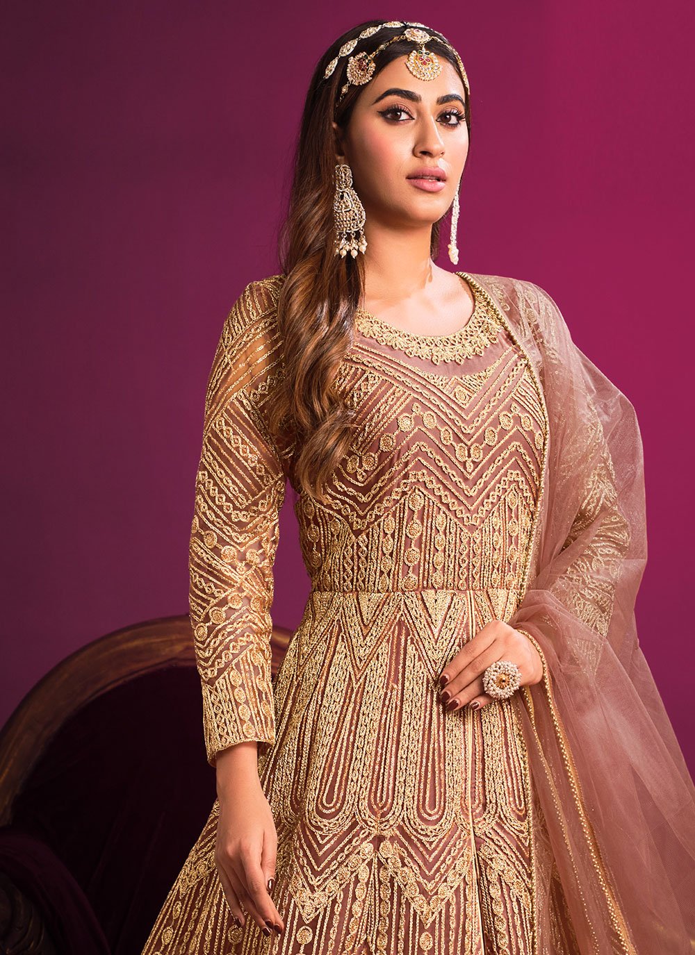 Anarkali Suit Net Brown Embroidered Salwar Kameez