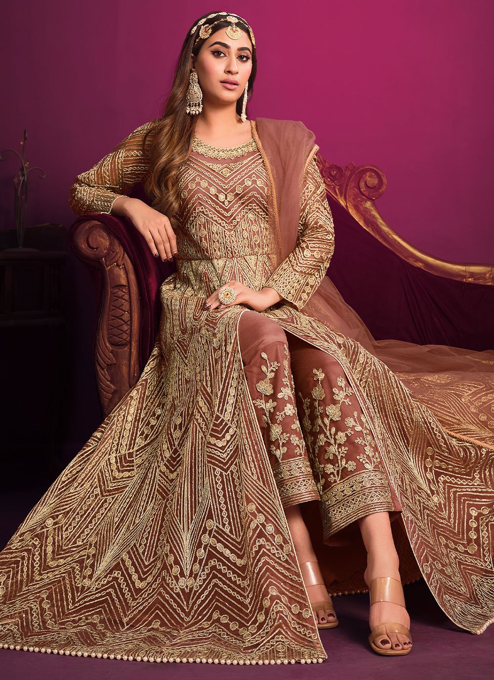 Anarkali Suit Net Brown Embroidered Salwar Kameez
