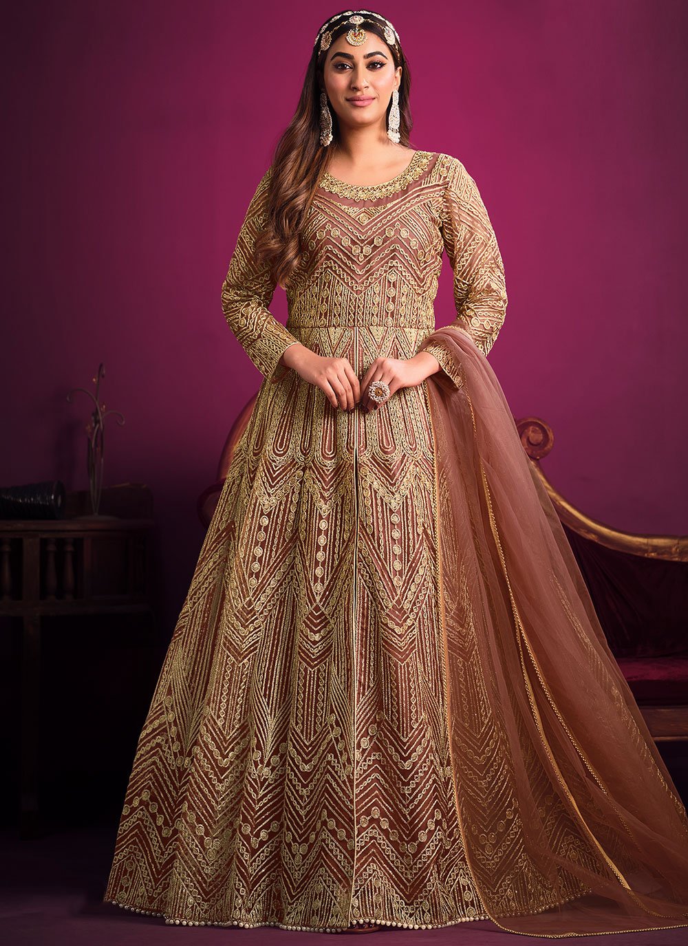 Anarkali Suit Net Brown Embroidered Salwar Kameez