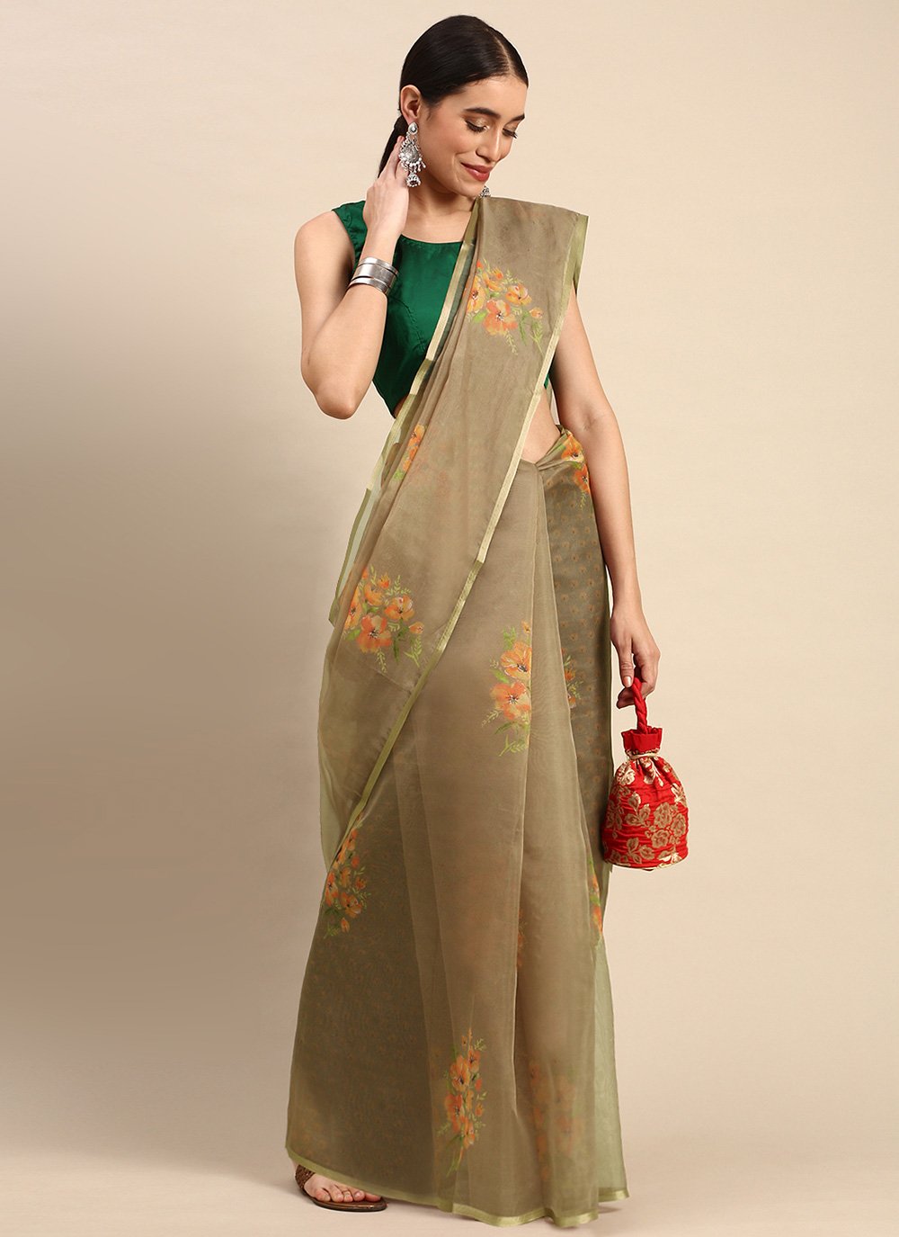 Casual Organza Brown Print Saree