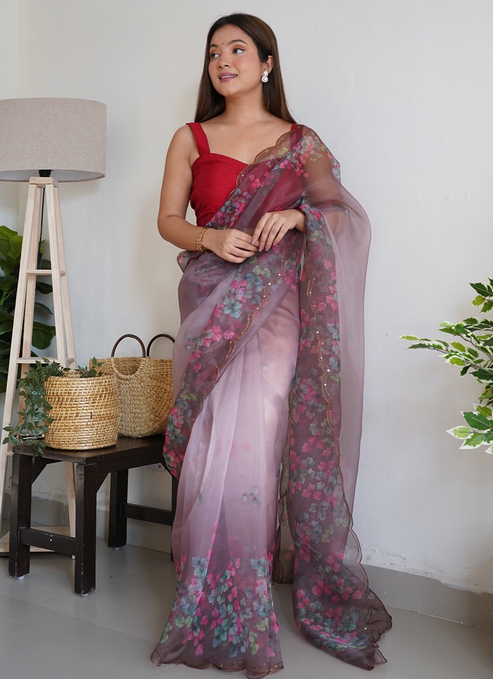 Classic Organza Brown Digital Print Saree