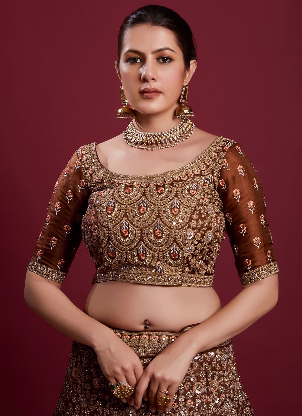 A Line Lehenga Net Brown Dori Work Lehenga Choli