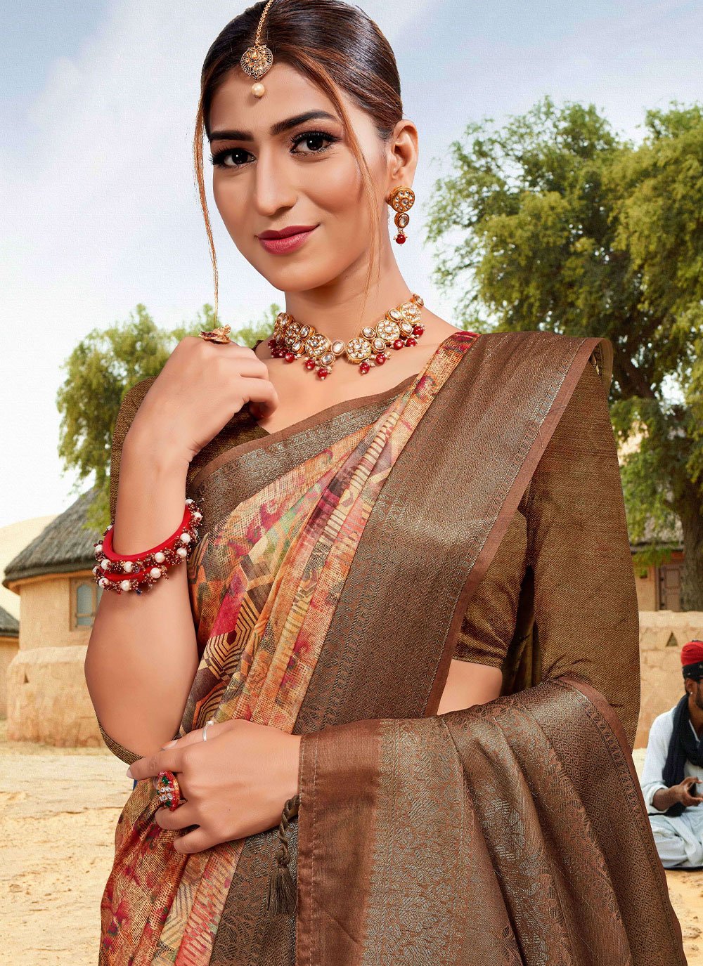 Contemporary Banarasi Silk Cotton Brown Digital Print Saree