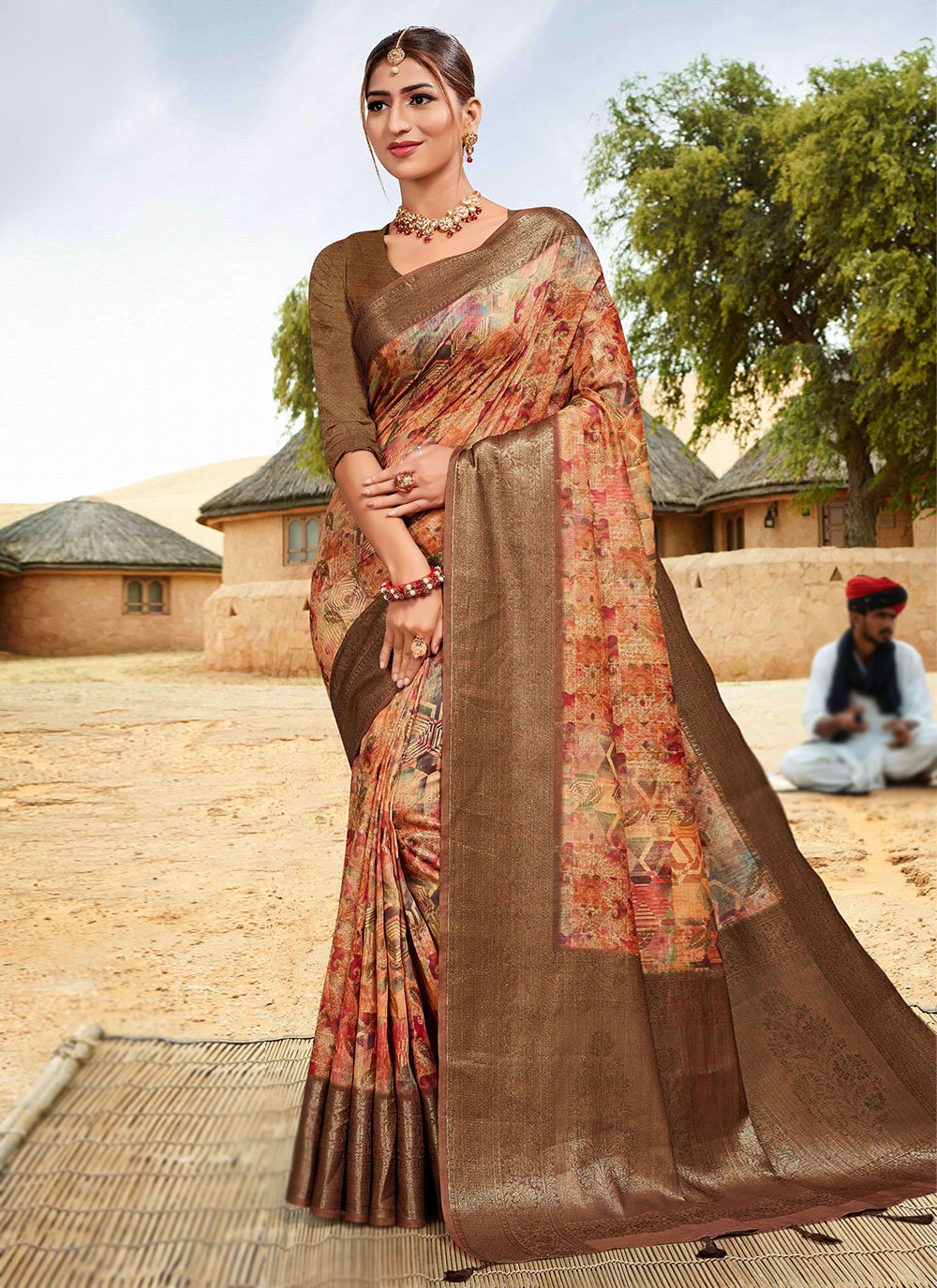 Contemporary Banarasi Silk Cotton Brown Digital Print Saree