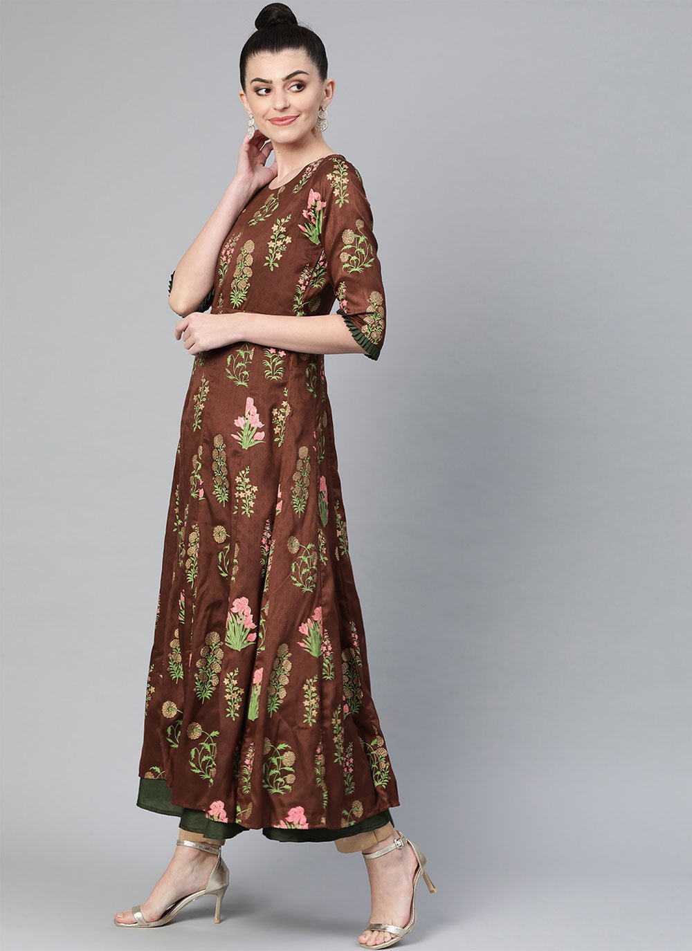 Designer Kurti Poly Silk Brown Print Kurtis