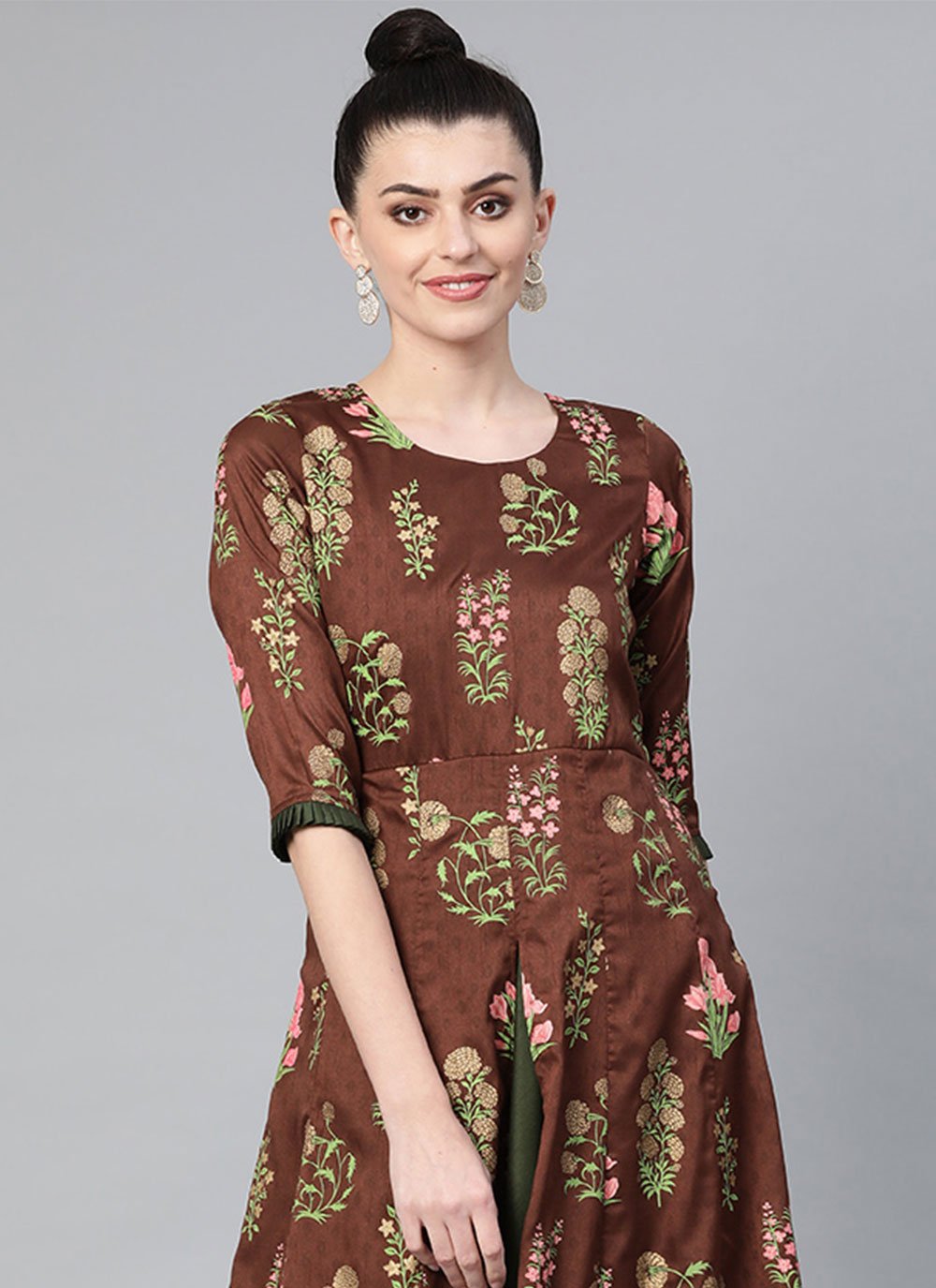 Designer Kurti Poly Silk Brown Print Kurtis