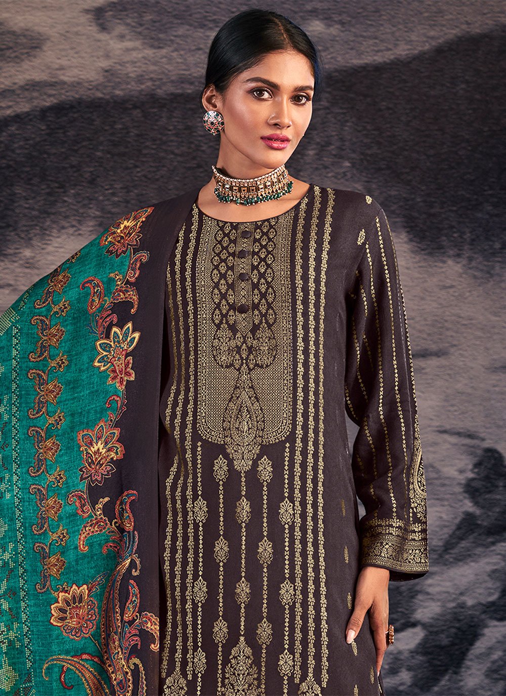 Salwar Suit Pashmina Brown Jacquard Work Salwar Kameez