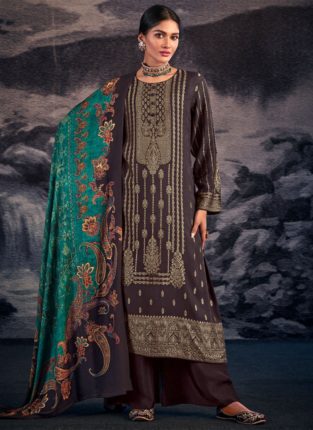 Salwar Suit Pashmina Brown Jacquard Work Salwar Kameez