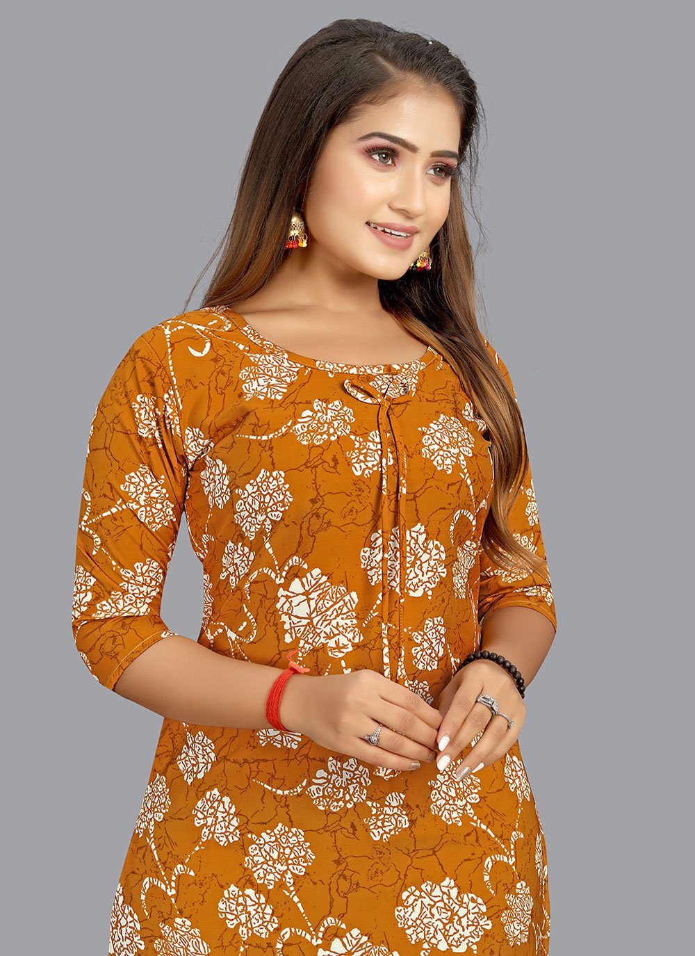 Designer Kurti Faux Crepe Brown Print Kurtis