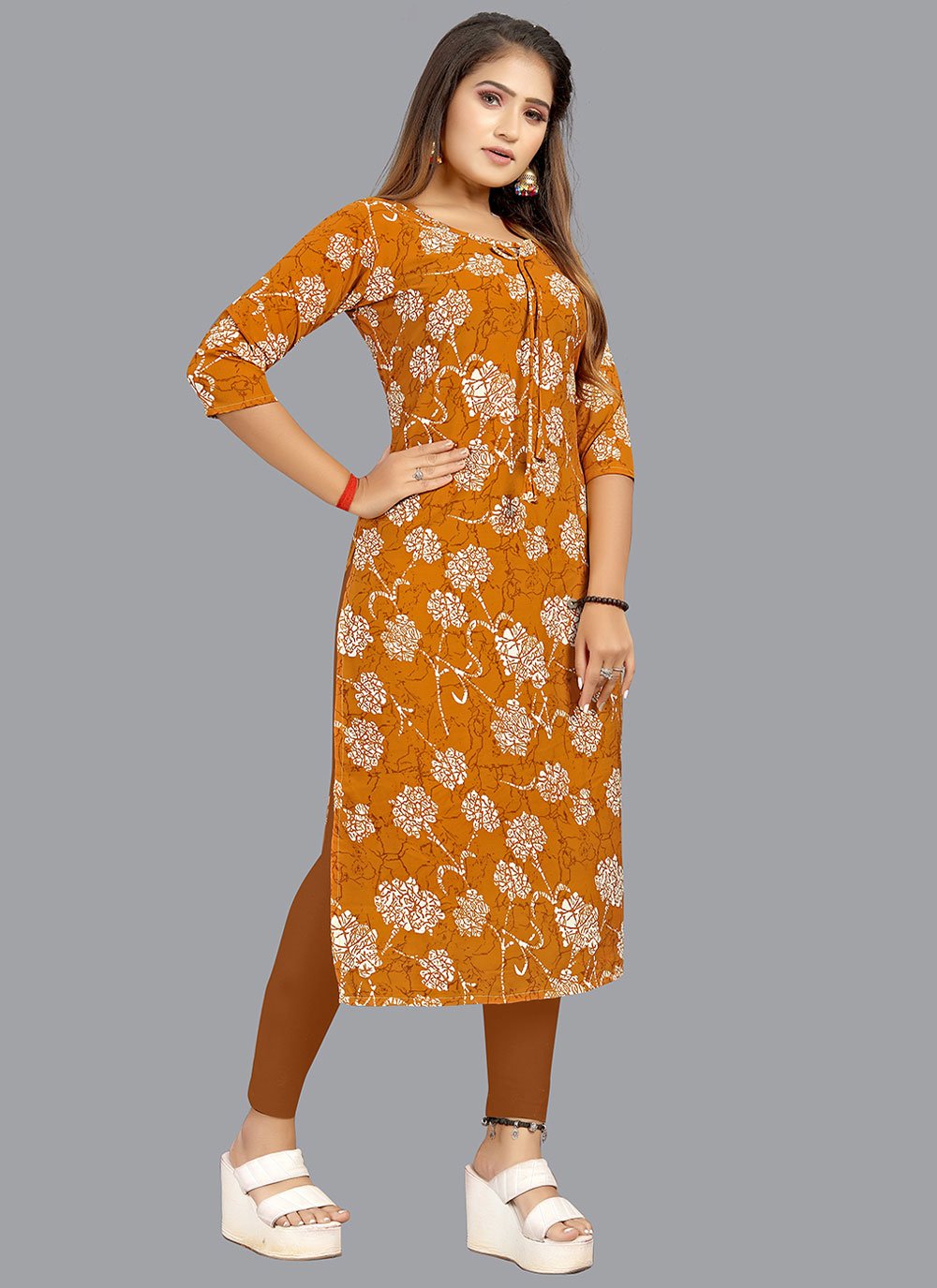 Designer Kurti Faux Crepe Brown Print Kurtis