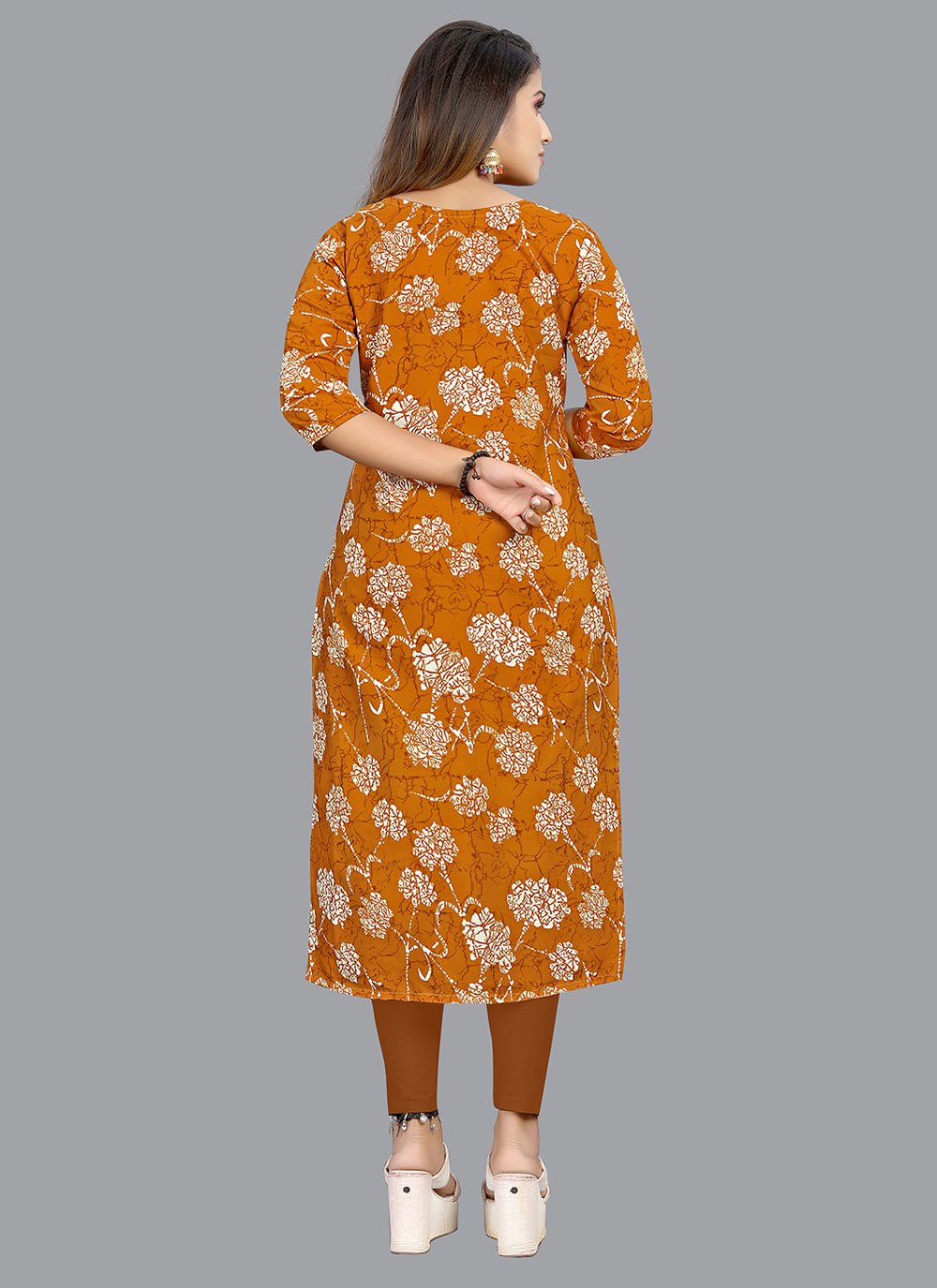 Designer Kurti Faux Crepe Brown Print Kurtis