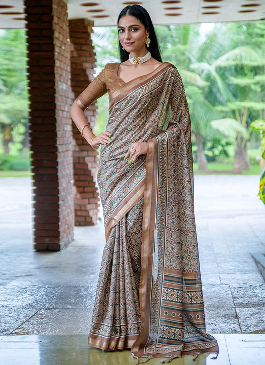 Contemporary Cotton Silk Brown Print Saree