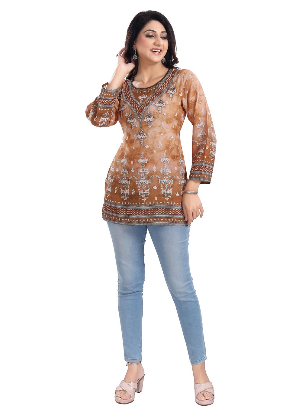 Designer Kurti Faux Crepe Brown Print Kurtis