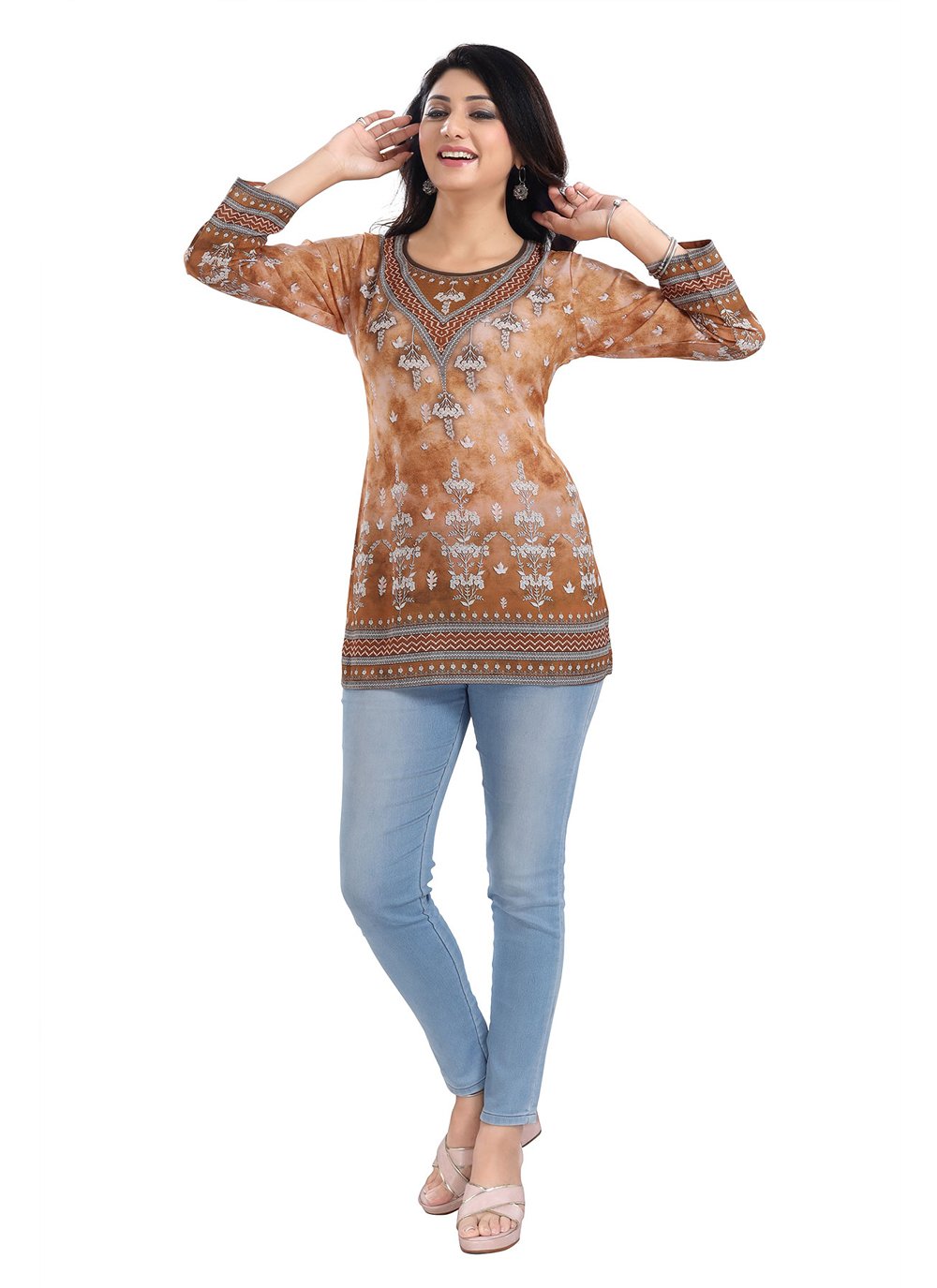 Designer Kurti Faux Crepe Brown Print Kurtis