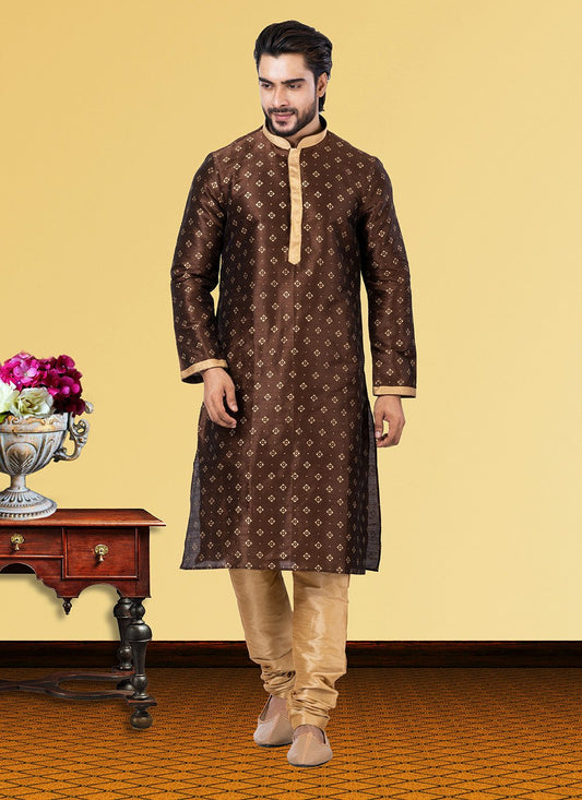 Kurta Pyjama Dupion Silk Brown Print Mens