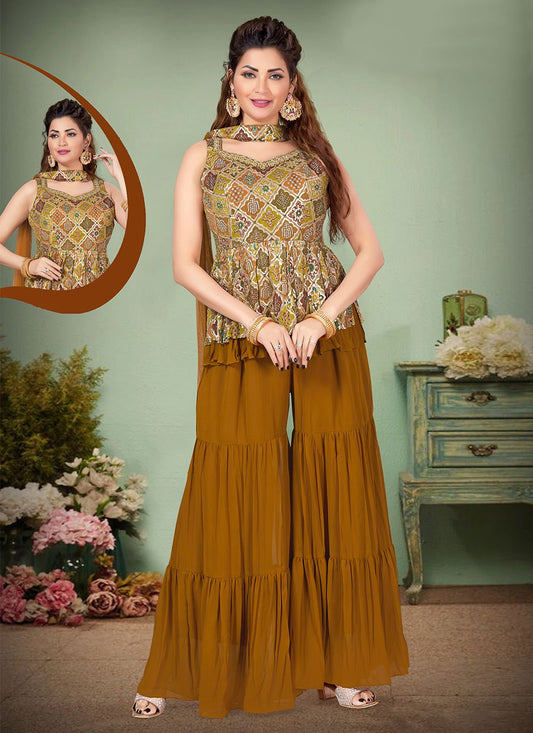 Palazzo Salwar Suit Georgette Brown Print Salwar Kameez