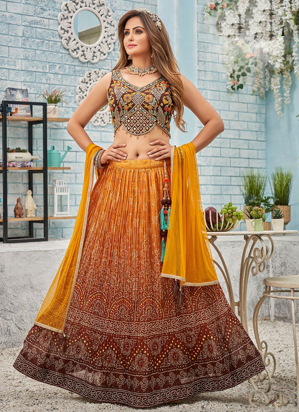 A Line Lehenga Georgette Brown Print Lehenga Choli